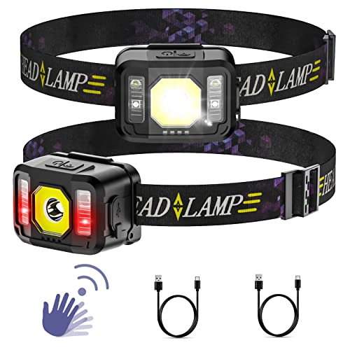 Pluralla Rechargeable LED Headlamp, Super Bright Motion Sensor Head Flashlight, 2 Pack Hands-Free Lamps with White & Red Light, 6 Modes Lightbar for Adults and Kids in Camping Cycling Running Fishing