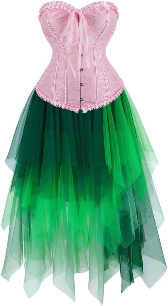 Jutrisujo Corset Dress Multi Layer Skirt Tulle Set Top Princess Overbust Bustier Women's Lace up Boned Jacquard Plus Size