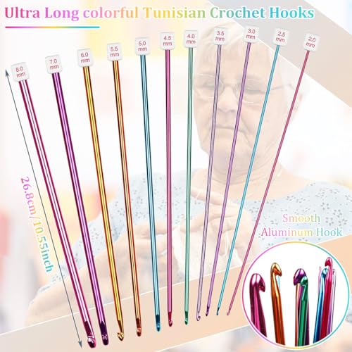 Image of HASTHIP 11PCS Long Crochet Hook Set, 2.0-8mm Aluminum Knitting Needles Set Crochet Hooks, Beginners Metal Multicolour Knitting Tools Set Knitting & Crochet Supplies for Beginners