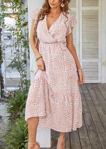PRETTYGARDEN Women's Summer Floral Boho Maxi Dress Wrap Short Sleeve V Neck Ruffle A-Line Flowy Wedding Guest Long Dresses