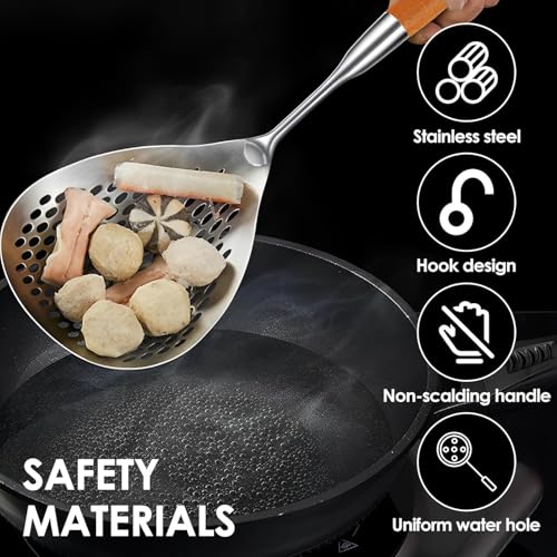 Image of 2 pcs 40 cm Stainless Steel Skimmer Spoon | 316 Grade Deep Fry Strainer with Wooden Handle | Heat Resistant Slotted Ladle for Frying, Cooking & Oil Draining