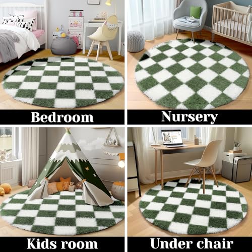 Image of KICMOR Round Rug 4ft Olive Green and White Circle Area Rug, Fluffy Soft Fuzzy Shag Shaggy Bedroom Living Room Carpet, Indoor Checkered Circular Rugs for Kids Boys Girls Home Decor Aesthetic, Nursery