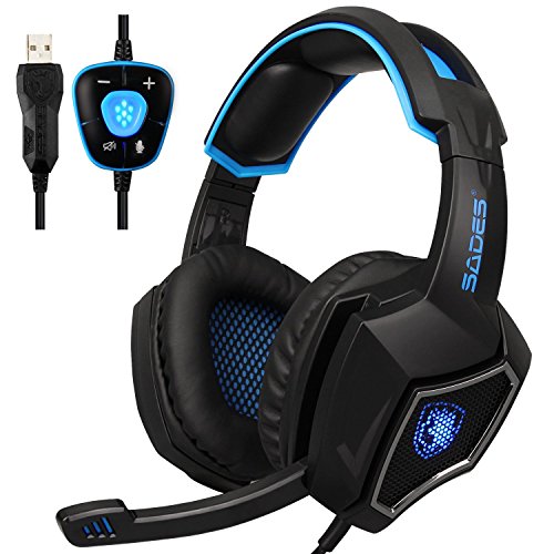 Spirit Wolf 7.1 Canal Virtual Surround Stereo USB PC Gaming Headset Wired Sobre la Oreja los Auriculares con Control de Volumen de microfono con cancelacion de Ruido de luz LED (Black Blue)