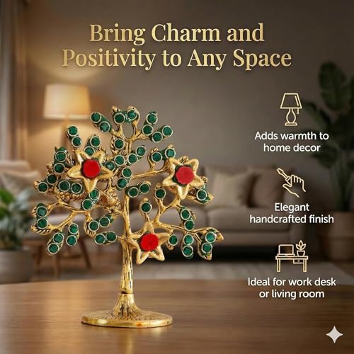 Image of Metal Kalpavriksha Tree for Home Decor - Golden Wish Fulfilling Tree Metal Showpiece for Temple, Vastu, Office Table & Gifting Banyan (No 1 Golden with Stone)