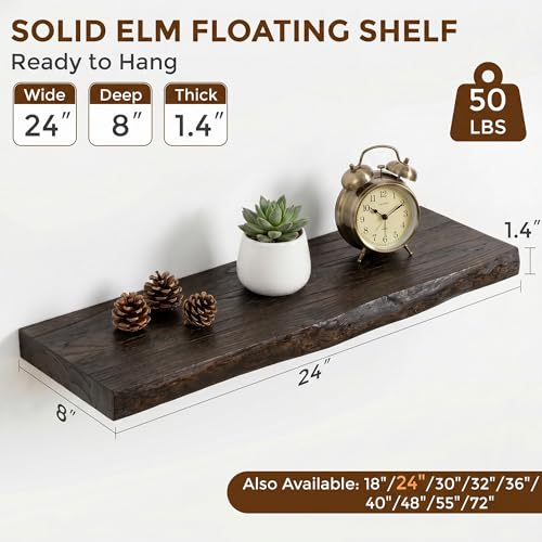 Image of Dreamland 24 Inch Floating Shelves, Rustic Elm Wood Live Edge Wall Shelf for Home Decor, 8 Inch Deep Floating Shelf for Wall, 24 x 8 Bathroom Shelves Set of 2, Walnut Color