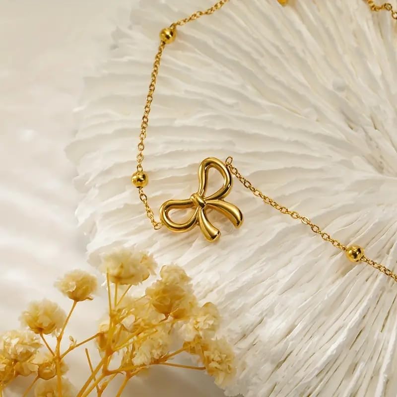 Image of Bow Necklace Set For Women Stylish | Anti Tarnish Waterproof Stainless Steel Chain Pendant Necklaces Jewelry for Love | Gold Plated Jewellery Accessories for Woman & Girls | Birthday Gift for Wife & Girlfriend