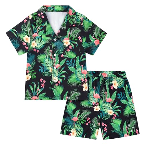 Image of Weixinbuy Boys Summer Outfits Short Sleeve Hawaiian Shirt and Shorts Vacation Set for Kids Summer Clothes Set