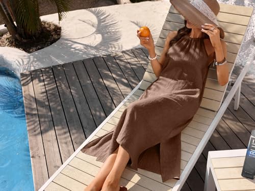 Image of Women's 100% Linen Midi Dress Halter Neck 2026 Dress Sleeveless Flowy Beach Sun Dresses with Pockets