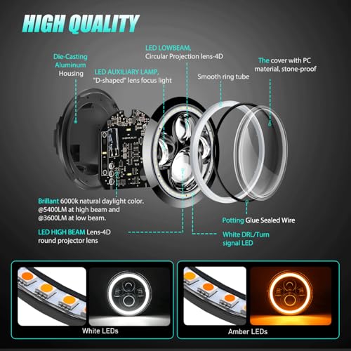 Image of Nilight 7 Inch Round LED Halo Headlights and 4 IN Fog Lights w /Turn Signal Amber White DRL High Low Beam Compatible with 2007 2008 2009 2010 2011 2012 2013 2014 2015 2016 2017 2018 Wrangler JK JKU