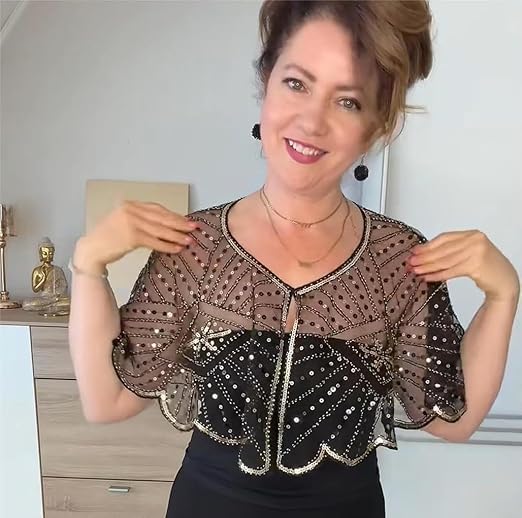 Vintage Lace Beaded Shawl,1920s Shawl Wraps Sequin Beaded Evening Women's Flapper Shawls for Gatsby Accessories2