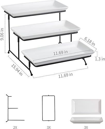 Miniatura 3 de Gomakren Bandejas de 3 niveles para servir de porcelana de 12 pulgadas, platos blancos para servir aperitivos, aperitivos, tazas de frutas,