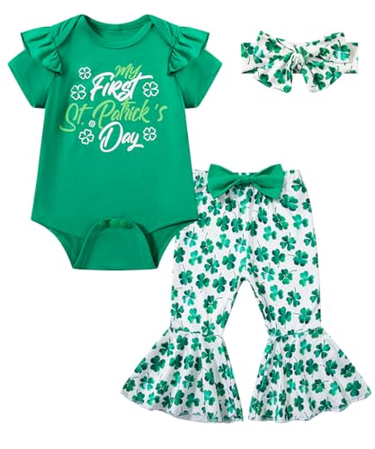 DANBAIEGG Infant Girl My First St Patrick's Day Shamrock Flared Pants Set with Headband(Green,6-12M)