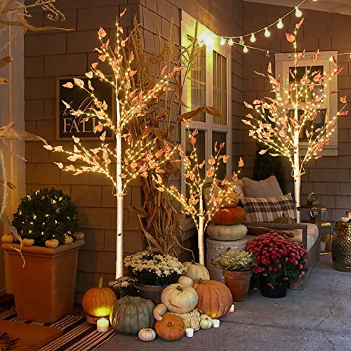 Lamerge 3Pcs Lighted Maple Tree, 4Ft/5Ft/6Ft Lighted Artificial Tree Led Birch Tree,Outdoor Christmas Decoration,Fall Tree With Warm White Lighted,Pumpkin Decorations For Indoor Thanksgiving, Yellow #TOP2