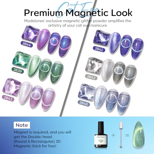 Image of modelones Cat Eye Gel Nail Polish Set, 6 Colors Aurora Galaxy Pearlescent 9D Cateye Glitter Gel Polish kit Blue Green Purple Mermaid Nail Polish with Magnet Soak Off LED Nail Art Starter Kit DIY Gift