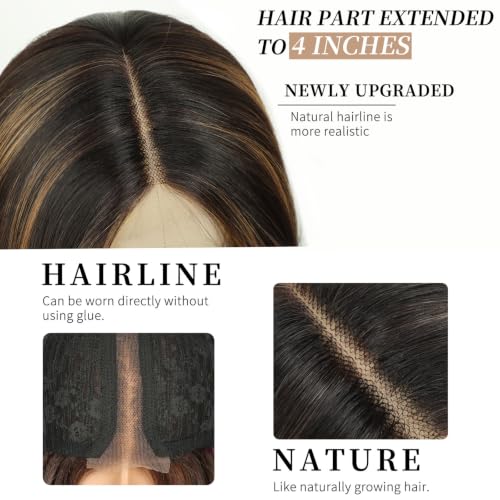 Image of AISI HAIR Brown Highlights Wig for Women, Wavy Synthetic Lace Wig 26Inch | Lace Hairline,Middle Part,Heat Resistant Wig,Daily Party,Natural-Looking,Adjustable Cap,Beginner Friendly,Soft Silky Texture