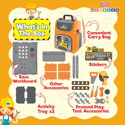 Image of Wembley Kids Tool Kit Set with Trolley & Toolbox | DIY Construction Pretend Play Tools for Boys & Girls 3-6 Years | Workshop Role Play Toy | Montessori Learning Gift for Kids Age 3, 4, 5, 6