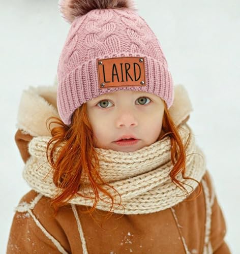Personalize Baby Pom Beanie with Name, Custom Newborn Leather Patch Baby Beanie Hat, Custom Newborn Hat Gifts3