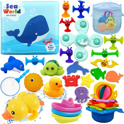 Chennyfun Conjunto Juguetes para Baño, 32 Piezas Baby Bath Toys Incluye Pato de Goma, Tortuga, Delfín, Barcos de Plástico, Conjunto Juguetes para Niños Pequeños de 1, 2, 3, 4, 5, 6 Años