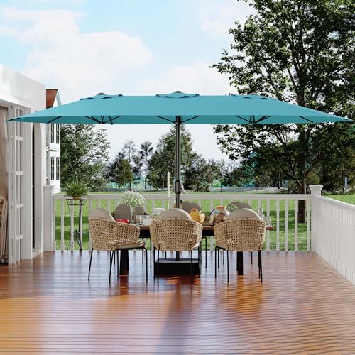 15FT Rectangular Patio Umbrella with Base Included - Large Patio Umbrella with Crank Handle, UV Protection for Outdoor Market, Backyard, Pool - Turquois