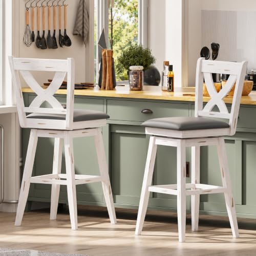 Image of MU Swivel Bar Stools Set of 2, 29 inch Bar Height Kitchen Island Chairs with Back, Upholstered Seat Barstool with Solid Wood Legs & Footrest, Counter Stools for Pub, Bar, Restaurant (Antique White)
