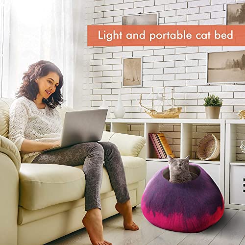 Juccini Wool Cat Cave Bed - Handmade Premium Felt Cat Bed (Large) - 100% Marino Wool Cat Bed For Indoor Cats And Kittens (Pink/Purple) #TOP7