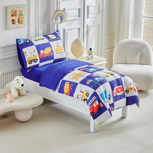 Image of White Navy Toddler Bedding Set for Boys Girls Colorful Cars Vehicle Auto Fire Engine Bulldozer 4PC Toddler Bed Set - Soft Cute Toddler Plaid Patchwork Bed in a Bag with Sheet Set and Pillow Shams