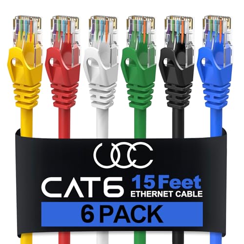 Chat 6 Câble Ethernet 15 ft 6 Faites votre valise, 10Gbps Câble Ethernet haute vitesse, câble Internet extérieur et intérieur, Rj45 Cat6 Câble Ethernet long pour ordinateur, routeur, modem, PS4/5, Xbox, Gaming... 5 Couleurs