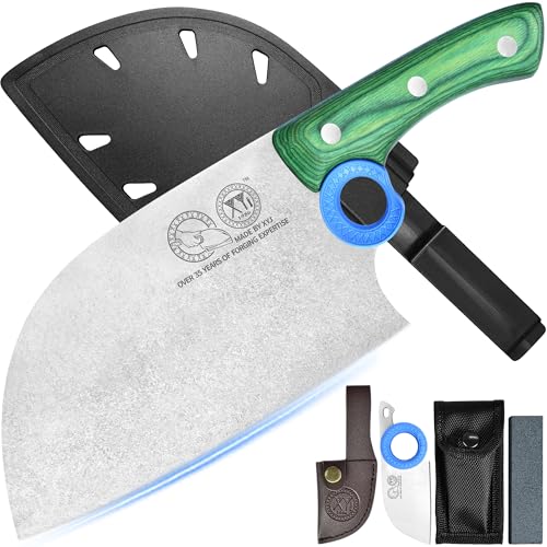 XYJ Authentic Since 1986,Heavy Duty Large Meat Cleaver,Serbian Chef Butcher Knife with Case,Chefs Vegetable Kitchen Knife,Full Tang for Outdoor Camping,Wood Handle with Sheath