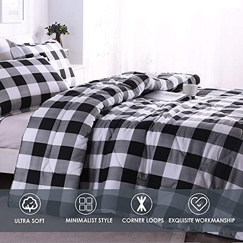 Andency Black Grey White Plaid Comforter Set Full Size (79x90 Inch), 3 Pieces (1 Gingham Comforter and 2 Pillowcases), Summer Lightweight Microfiber Buffalo Check Down Alternative Comforter Set - Thumbnail 3