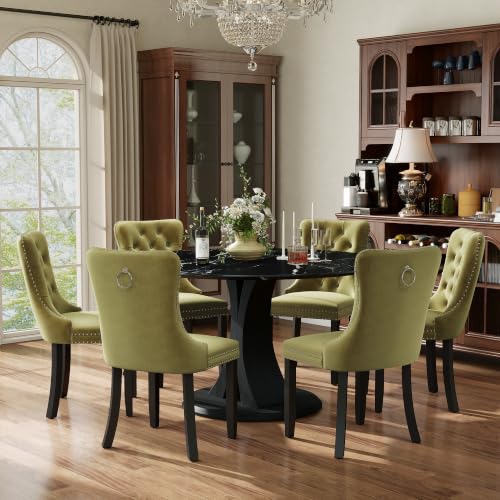 Image of 7-Piece Dining Table Set for 6 with 47 In Black Faux Marble Round Table | Circle Dining Room Table with 6 Velvet Upholstered Chairs, Modern Scandinavian Furniture for Dining Room Kitchen(Olive Green)