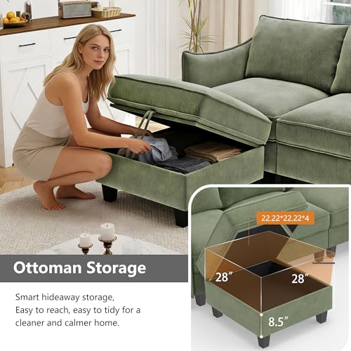 Image of Ihanherry 85.8 inch Modular L-Shaped Sectional Sofa, Modern 4-Seat Cloud Couch with Storage Ottoman, Comfy Chenille Convertible Furniture Set for Living Room, Apartment, Easy Assembly, Green