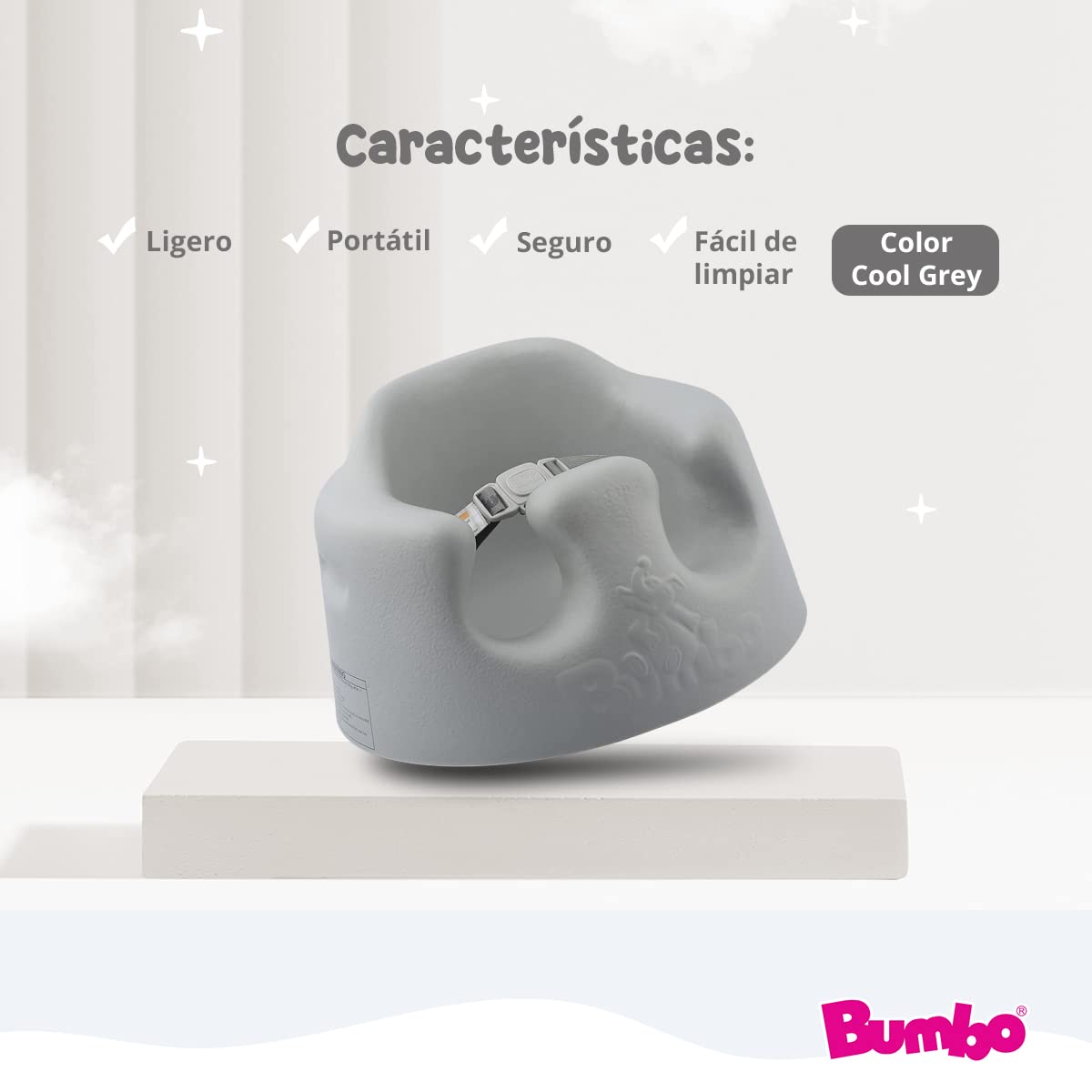 Bumbo Asiento de Suelo para Bebé - Diseño Ergonómico, Fácil de Limpiar, con Arnés de Seguridad - Cómodo y Seguro - Asiento de Apoyo para Bebés de 3 a 12 Meses - Color Gris