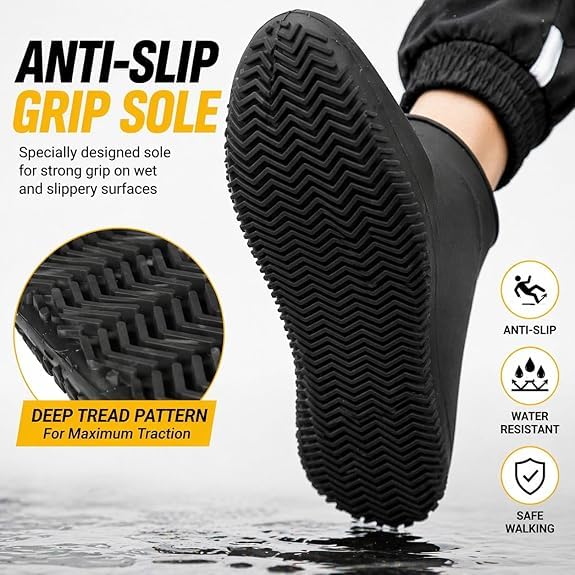 Image of Silicone Waterproof Rain Shoe Cover | Shoe Care & Accessories, Reusable, Non Slip Shoe Covers for Men Women Kids, Durable Overshoes for Rain, Snow, Biking, Trekking & Outdoor Use (Black, Medium US 4-6.5)