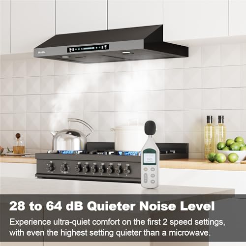 Image of HisoHu 30 Inch Under Ducted Cabinet Range Hood with 1200 CFM, 4 Speed Gesture Sensing Kitchen Exhaust Hood & Touch Control Panel, Stainless Steel Stove Vent Hood with 2 LED Lights（Black）