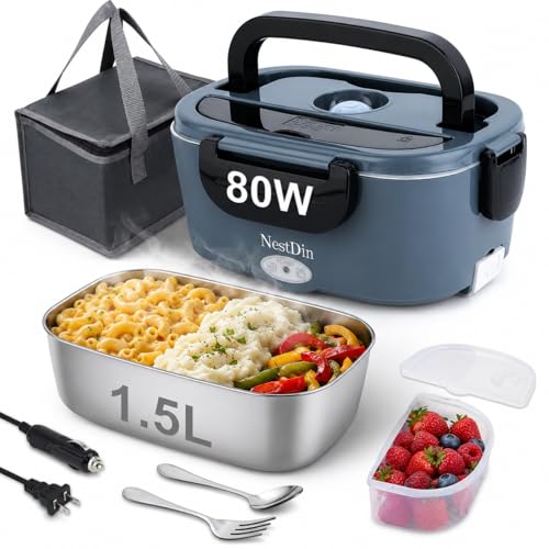 NestDin Electric Lunch Box, 80W Heated Lunch Box for Adults, 1.5L Portable Fast Heating Food Warmer for Car/Truck/Work/Travel, 12/24/110V Lonchera Eléctrica Portátil