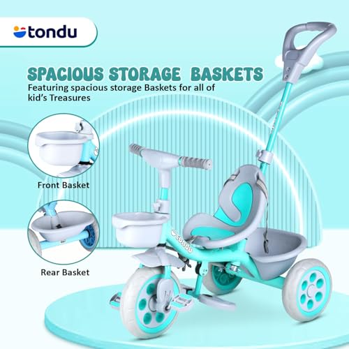 Image of TONDU Kiddo Tricycle for Kids /Baby with Storage Basket | Seat Belt with Parental Control Baby Tricycle (Sea Green)