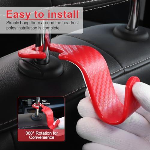 Image of LivTee Car Purse Hook, Headrest Hook for Car, 4 Pack Universal Auto Car Seat Headrest Hook Hangers Organizer for Purse Coat Umbrellas Grocery Bags Handbag, Car Accessories - Carbon Fiber Red