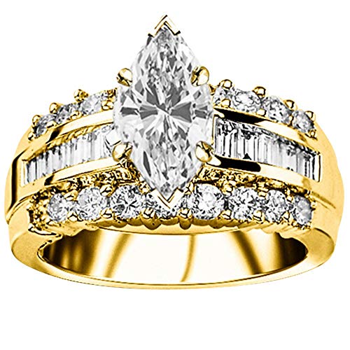 14K White Gold 3 Carat LAB GROWN DIAMOND Channel Set Baguette and Round Marquise Cut Diamond Engagement Ring (D-E Color VS1-VS2 Clarity 2 Ct Center)