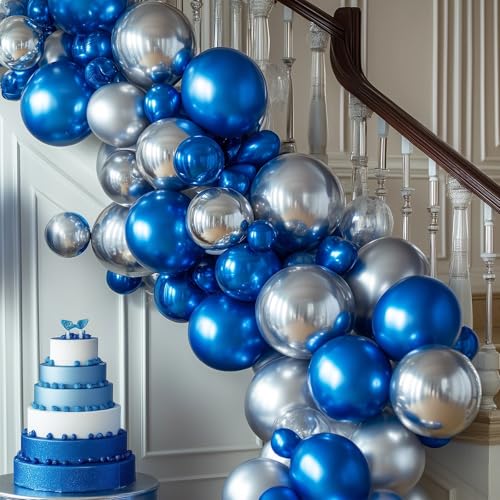 Image of RUBFAC 135pcs Metallic Silver Balloons Different Sizes 18 12 10 5 Inch for Garland Arch, Latex Balloon for Birthday Party Graduation Wedding Decorations