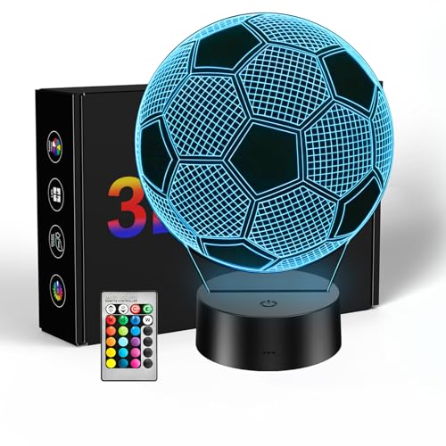 WFSLEI Soccer Gifts for Teens Boys Girls Soccer Stuff 3D Illusion Lamp Night Light Boys Room Decor 16 Colors Change 6-8-12 Year Old Boy Sports Fan Birthday Christmas Easter Gifts