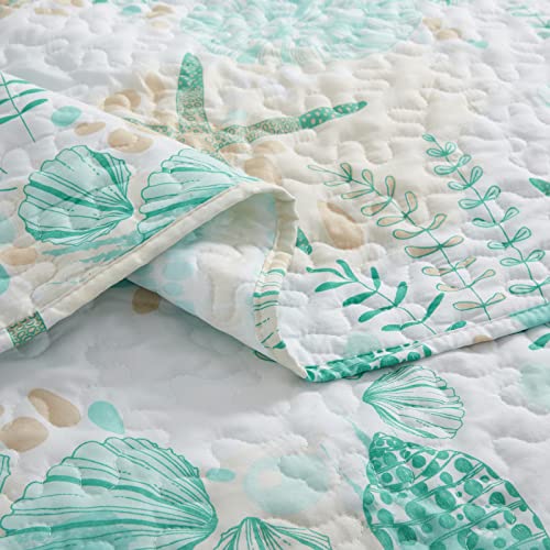 Bnuitland Quilt Set Queen Size, Lightweight Ocean Beach Bedspreads, Summer Reversible Seashell Coverlet Set, 3 Pcs Microfiber Bedding Set, Soft Nautical Pattern Quilt for All Season (90"x 96",Green) - Image 3