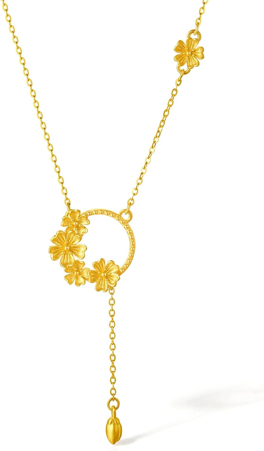 ZHOU LIU FU 999 24K Gold Flower Necklace Garland Floral Pendant with 40+5cm Chain Wreathes Blessing 5 Flowers Solid Gold Jewellery Gift
