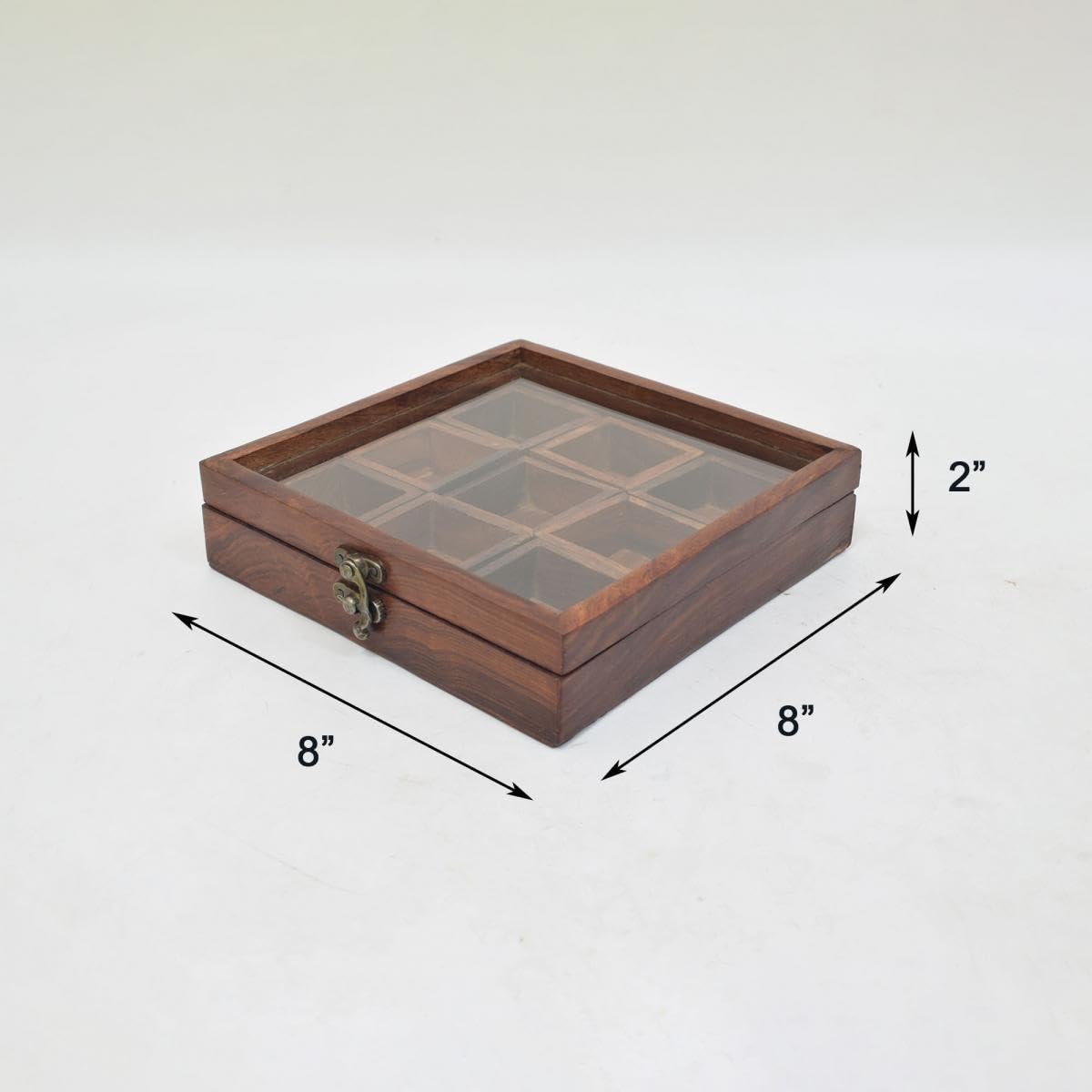 Tarang Arts Square Wooden Masala Box With Glass, Table Top Masala Box/Dabba with 9 Containers, Spice Box for Kitchen, Multipurpose Kitchen Accessories Item (2 * 8 Inch) 1