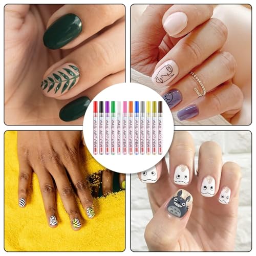Image of 12 Colors Nail Art Pens Set, 0.5 mm Fine Tip Nail Art Marker Pens Quick Dry Waterproof Acrylic Paint Pens for DIY Nail Painting, Dots, Lines, Lettering, Women & Kids