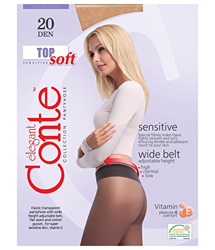 Image of Conte Tights for Sensitive Skin Sheer to Waist Hipster Low-Rise Pantyhose with Adjustable Belt, Top Soft 20 Den