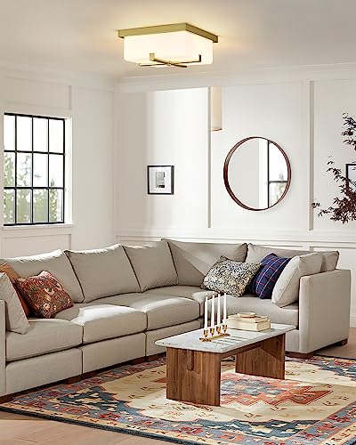 Modern Flush Mount Ceiling Light, Hwh Hallway Light Fixtures Ceiling 11'', 2-Light Fixtures Ceiling Mount For Bedroom Kitchen Schoolhouse, Brushed Gold With Milk White Frosted Glass Shade, 5Htj72F Ag #TOP5