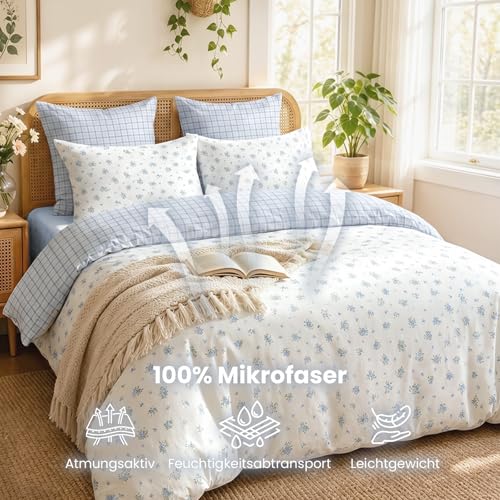 Freyamy Bettwäsche 155x220cm 2teilig Weiß Hellblau Blumen Bettwäsche-Set – Ansicht 4