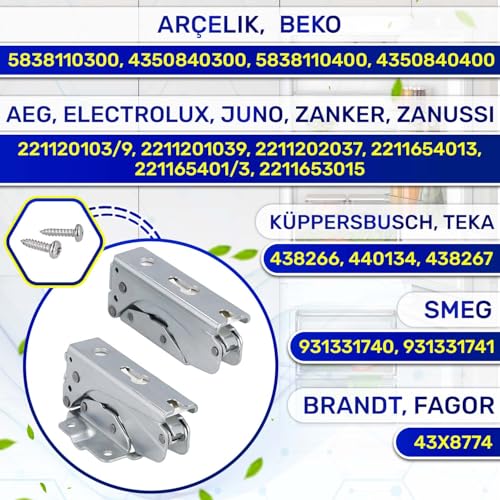 Kit 2 Stück Kühlschrank Scharnier Oben und Unten mit 2 Bolzen und 2 Stopfen mit dem Originalcode 5838110300 5838110400 für Beko 221120103/9 für AEG für Electrolux - MONTERAL