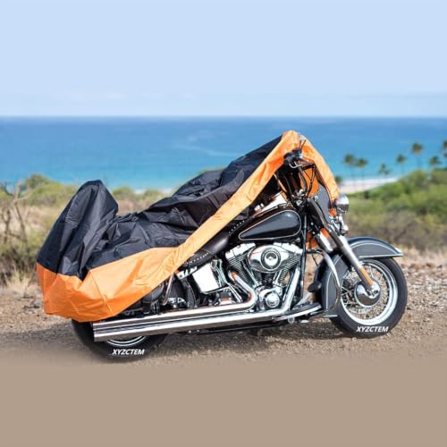Image of XYZCTEM Motorcycle Cover - All Season Waterproof Outdoor Protection - Fit up to 116 inch Tour Bikes, Choppers and Cruisers - Protect Against Dust, Debris, Rain and Weather(XXXL,Black& Orange)