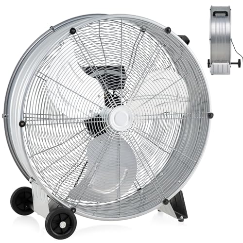 RELAX4LIFE Ventilador de Suelo 180W de Φ60cm con 3 Velocidades Ajustables, Ventilador de Tambor de Aluminio y Hierro con 1 Asa y 2 Ruedas para Fábrica, Tienda, Cobertizo (Plateado)